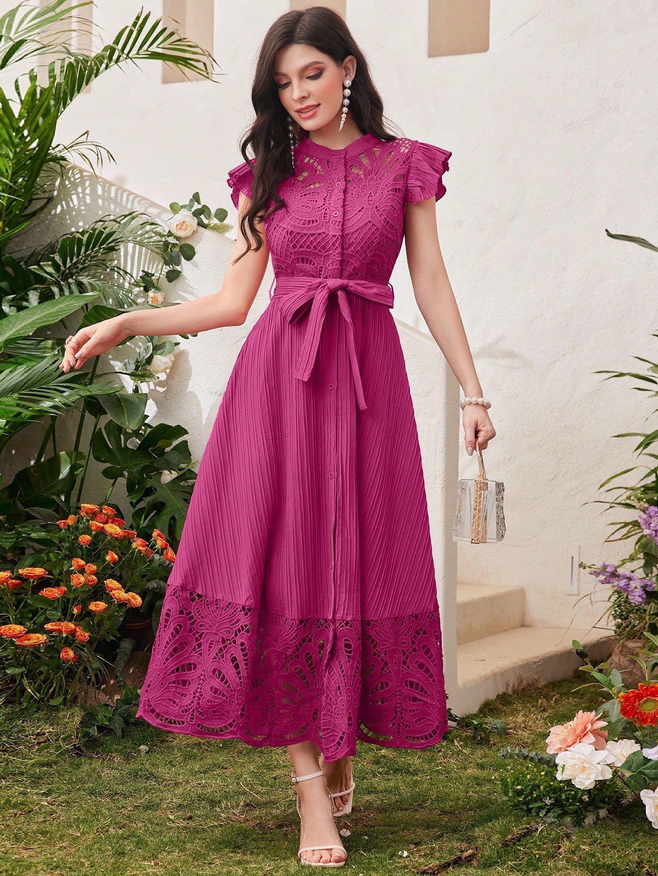 Modelyn Burgundy Red Women's Solid Color Simple Daily Wear Belted Dress Maxi Women Outfit Long Evening Dresses