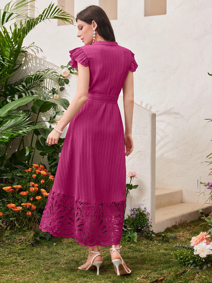 Modelyn Burgundy Red Women's Solid Color Simple Daily Wear Belted Dress Maxi Women Outfit Long Evening Dresses