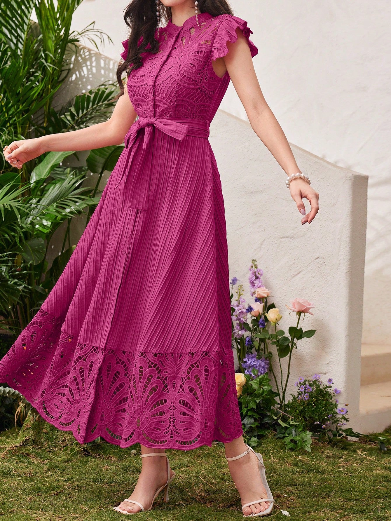 Modelyn Burgundy Red Women's Solid Color Simple Daily Wear Belted Dress Maxi Women Outfit Long Evening Dresses