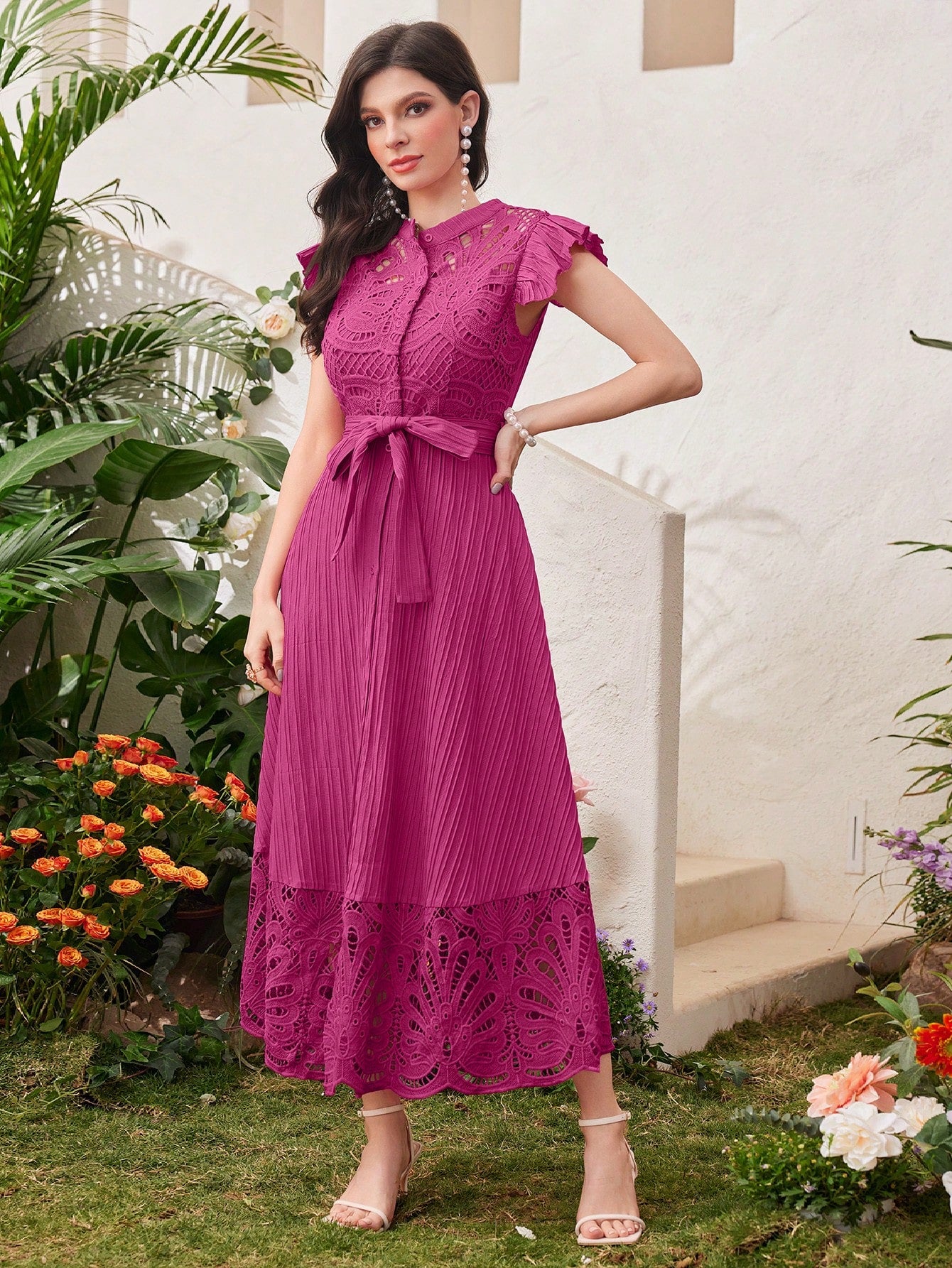 Modelyn Burgundy Red Women's Solid Color Simple Daily Wear Belted Dress Maxi Women Outfit Long Evening Dresses