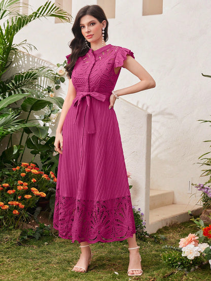 Modelyn Burgundy Red Women's Solid Color Simple Daily Wear Belted Dress Maxi Women Outfit Long Evening Dresses