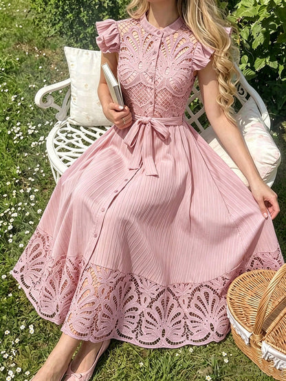 Modelyn Burgundy Red Women's Solid Color Simple Daily Wear Belted Dress Maxi Women Outfit Long Evening Dresses