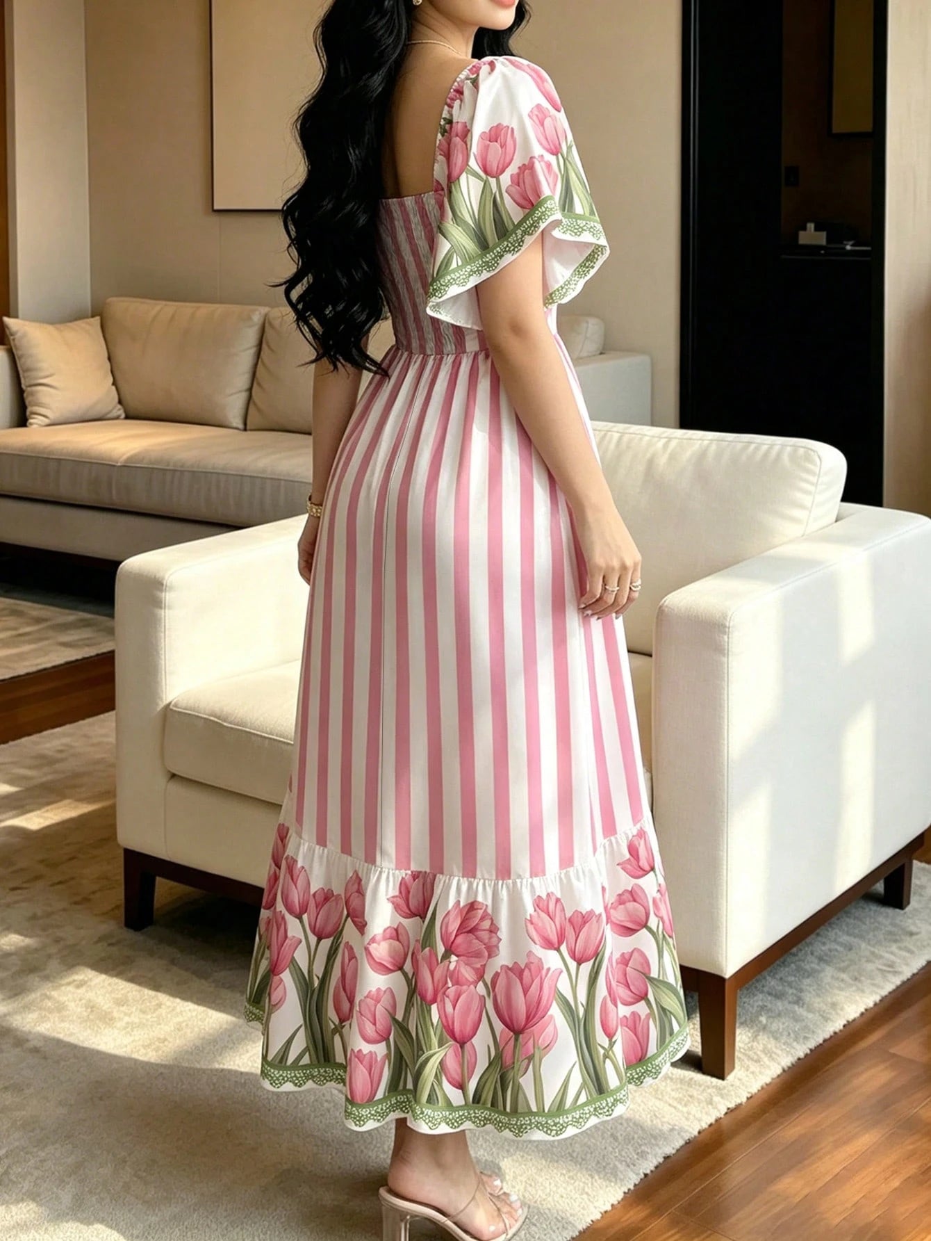 Modelyn Pink Striped & Tulip Floral Print French Style Dress, Women's Fashion Square Neck Cap Sleeve Dress, Ruffle Hem Design, Summer Vacation Dress