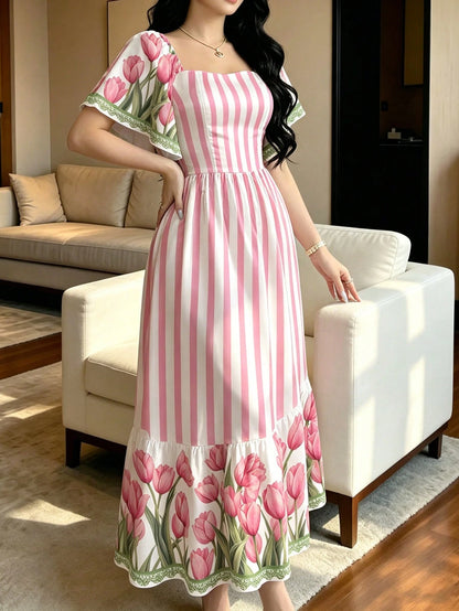 Modelyn Pink Striped & Tulip Floral Print French Style Dress, Women's Fashion Square Neck Cap Sleeve Dress, Ruffle Hem Design, Summer Vacation Dress