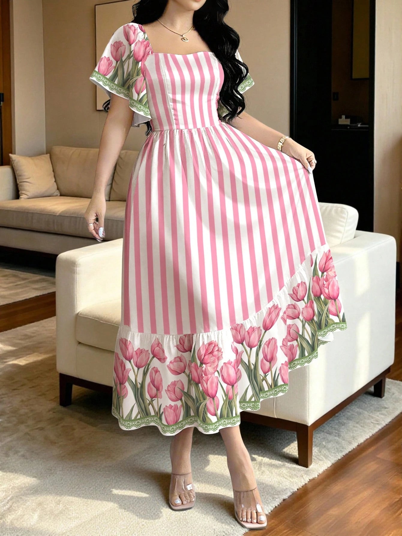 Modelyn Pink Striped & Tulip Floral Print French Style Dress, Women's Fashion Square Neck Cap Sleeve Dress, Ruffle Hem Design, Summer Vacation Dress