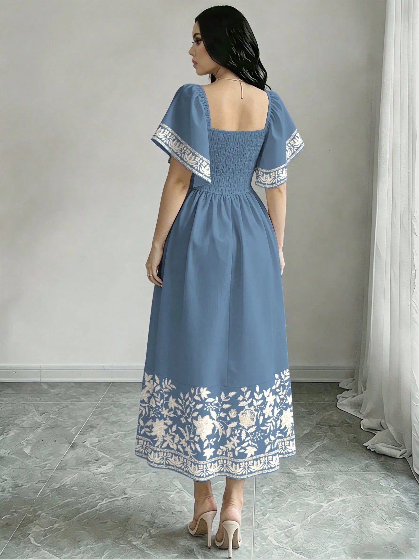 Modelyn Pink Striped & Tulip Floral Print French Style Dress, Women's Fashion Square Neck Cap Sleeve Dress, Ruffle Hem Design, Summer Vacation Dress