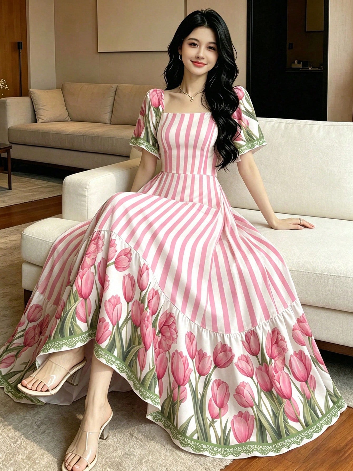 Modelyn Pink Striped & Tulip Floral Print French Style Dress, Women's Fashion Square Neck Cap Sleeve Dress, Ruffle Hem Design, Summer Vacation Dress