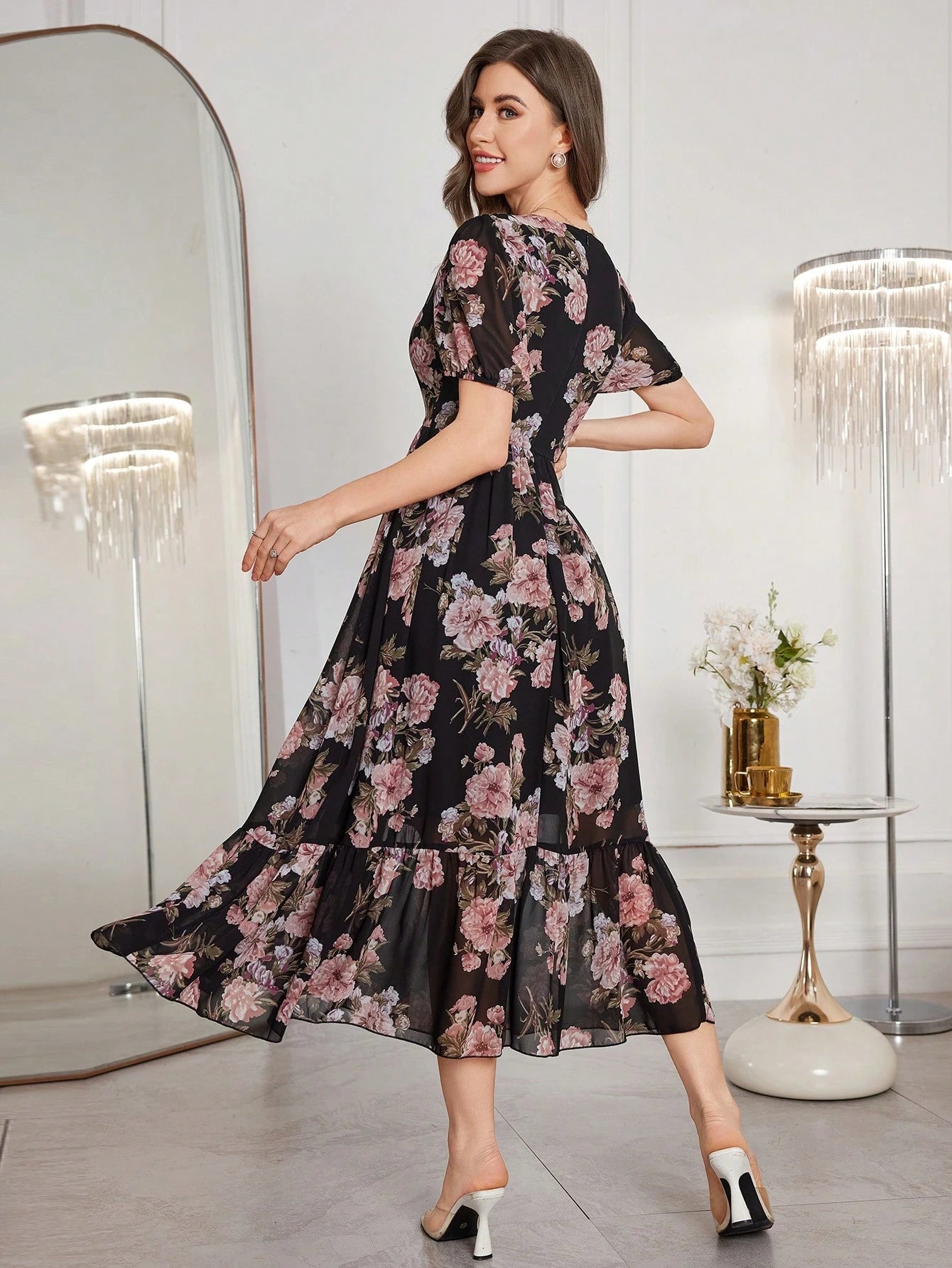 Modelyn Women's Floral Print Cinched Waist Fit And Flare Midi Dress With Ruffle Trim