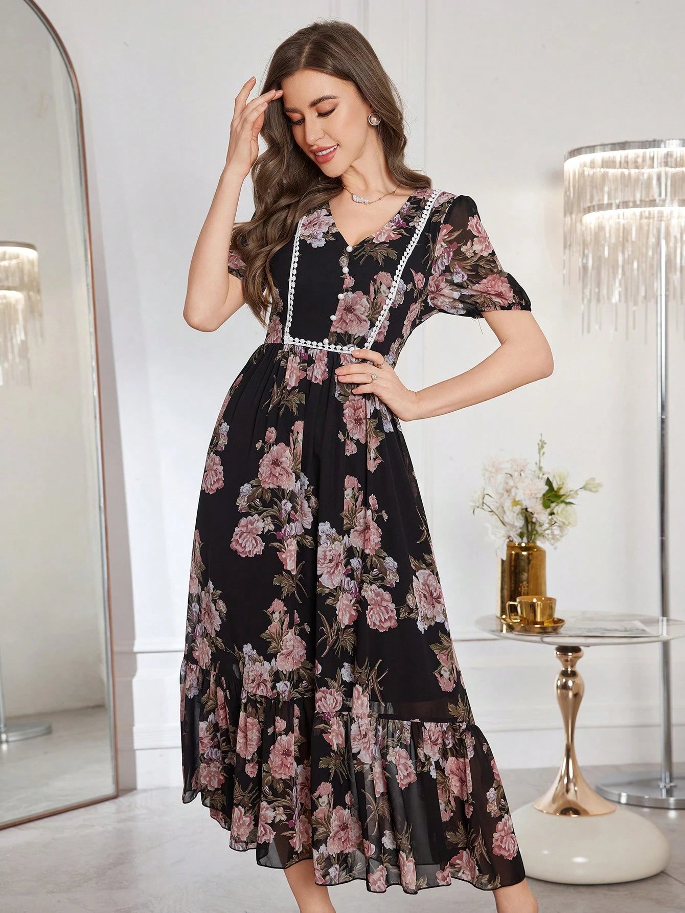 Modelyn Women's Floral Print Cinched Waist Fit And Flare Midi Dress With Ruffle Trim