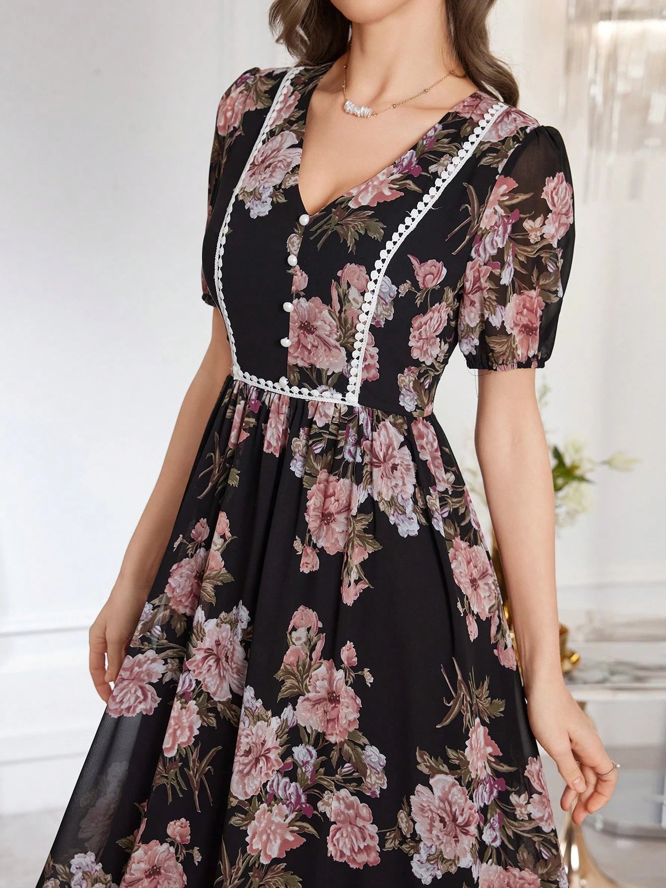 Modelyn Women's Floral Print Cinched Waist Fit And Flare Midi Dress With Ruffle Trim