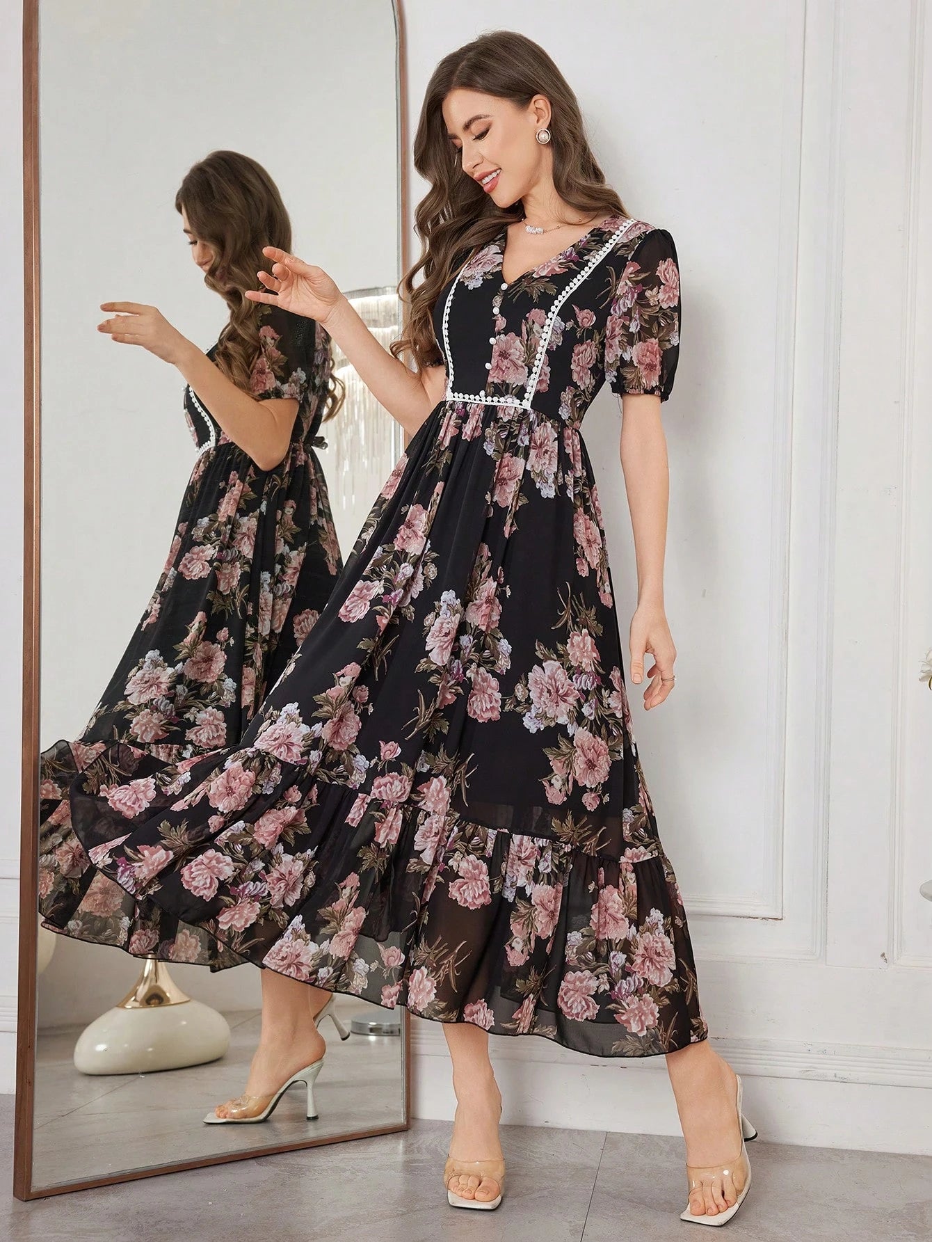 Modelyn Women's Floral Print Cinched Waist Fit And Flare Midi Dress With Ruffle Trim