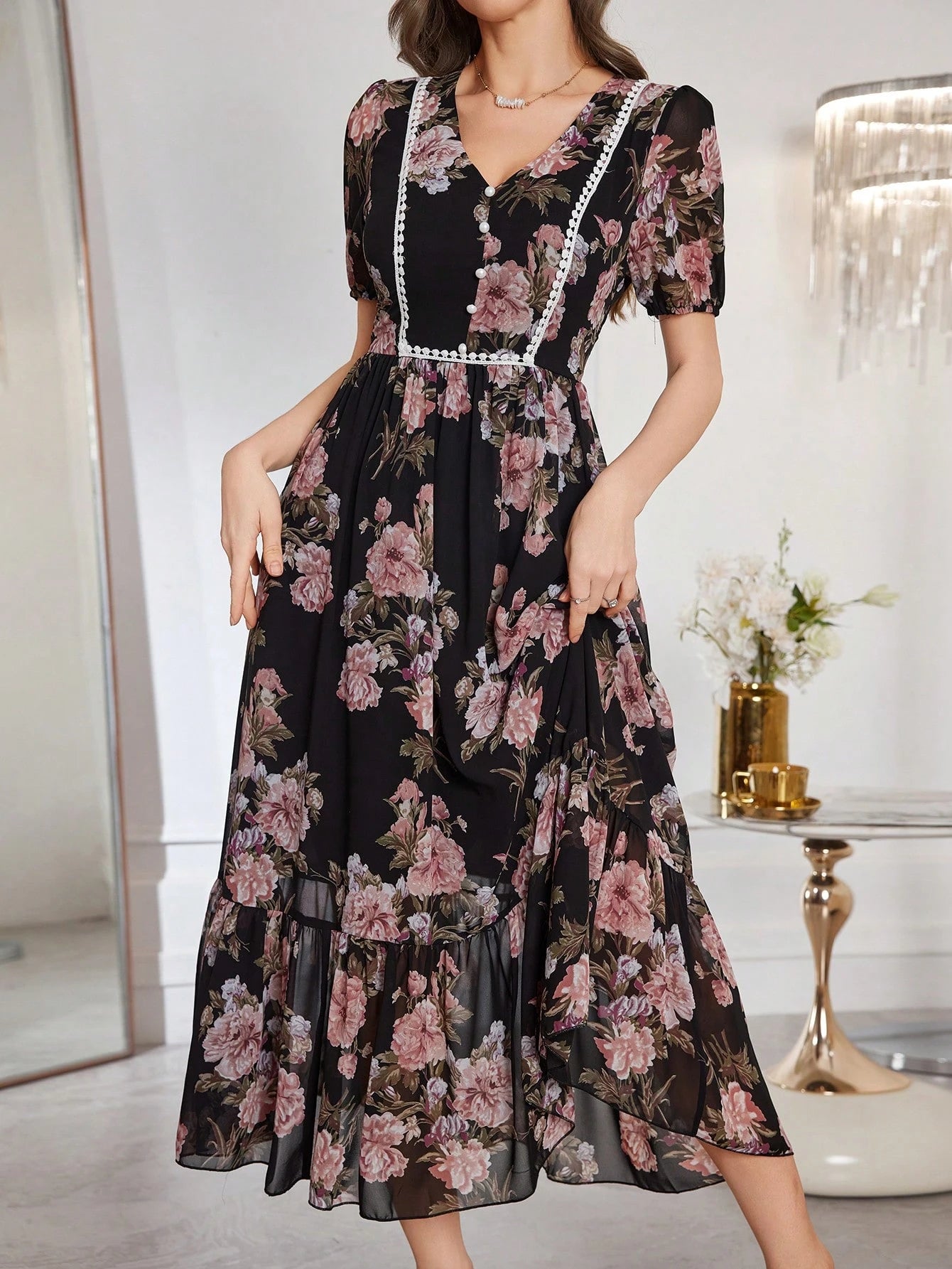 Modelyn Women's Floral Print Cinched Waist Fit And Flare Midi Dress With Ruffle Trim