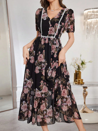 Modelyn Women's Floral Print Cinched Waist Fit And Flare Midi Dress With Ruffle Trim