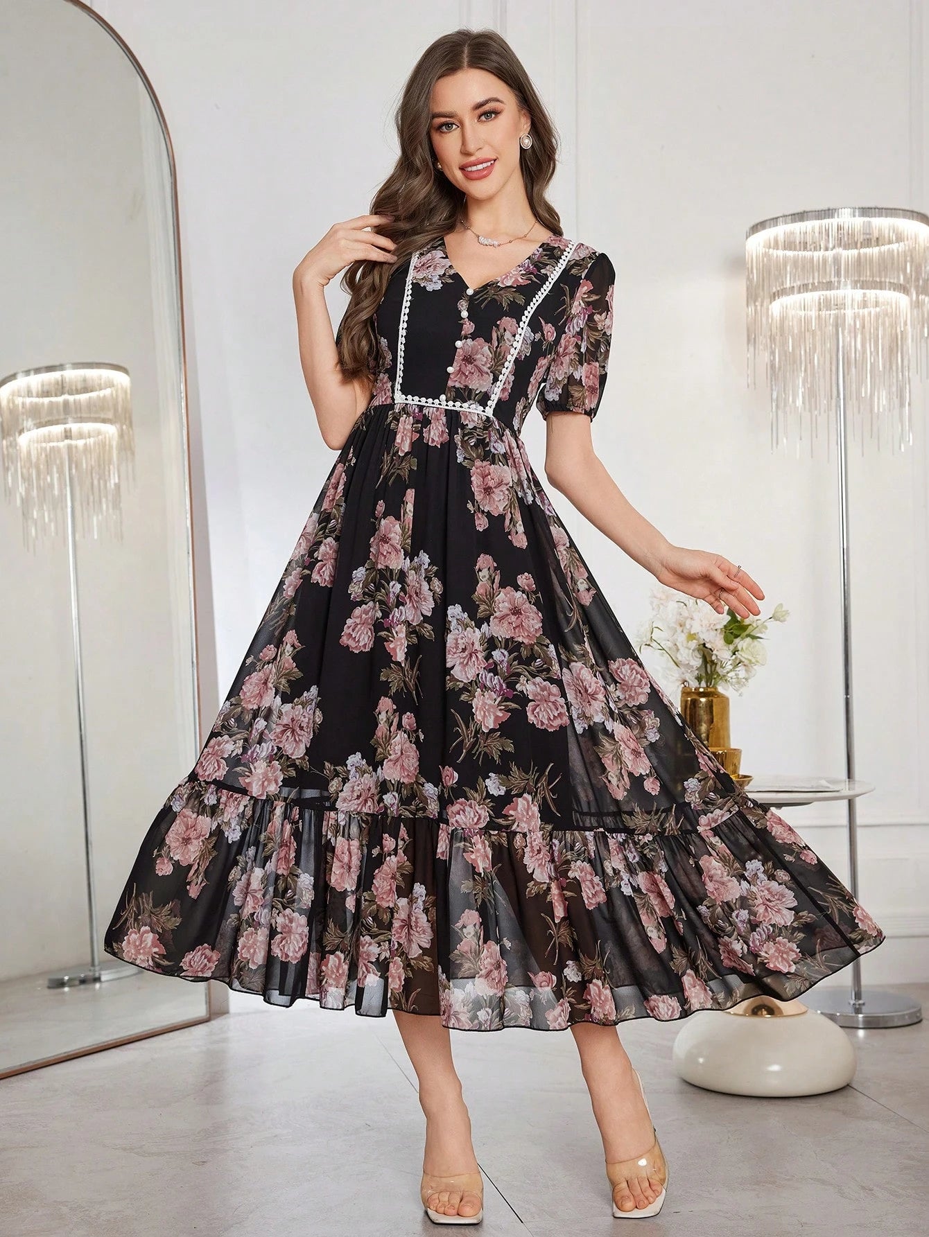 Modelyn Women's Floral Print Cinched Waist Fit And Flare Midi Dress With Ruffle Trim
