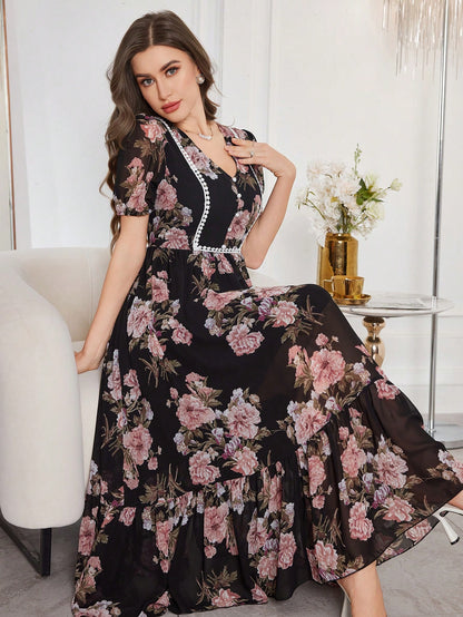Modelyn Women's Floral Print Cinched Waist Fit And Flare Midi Dress With Ruffle Trim