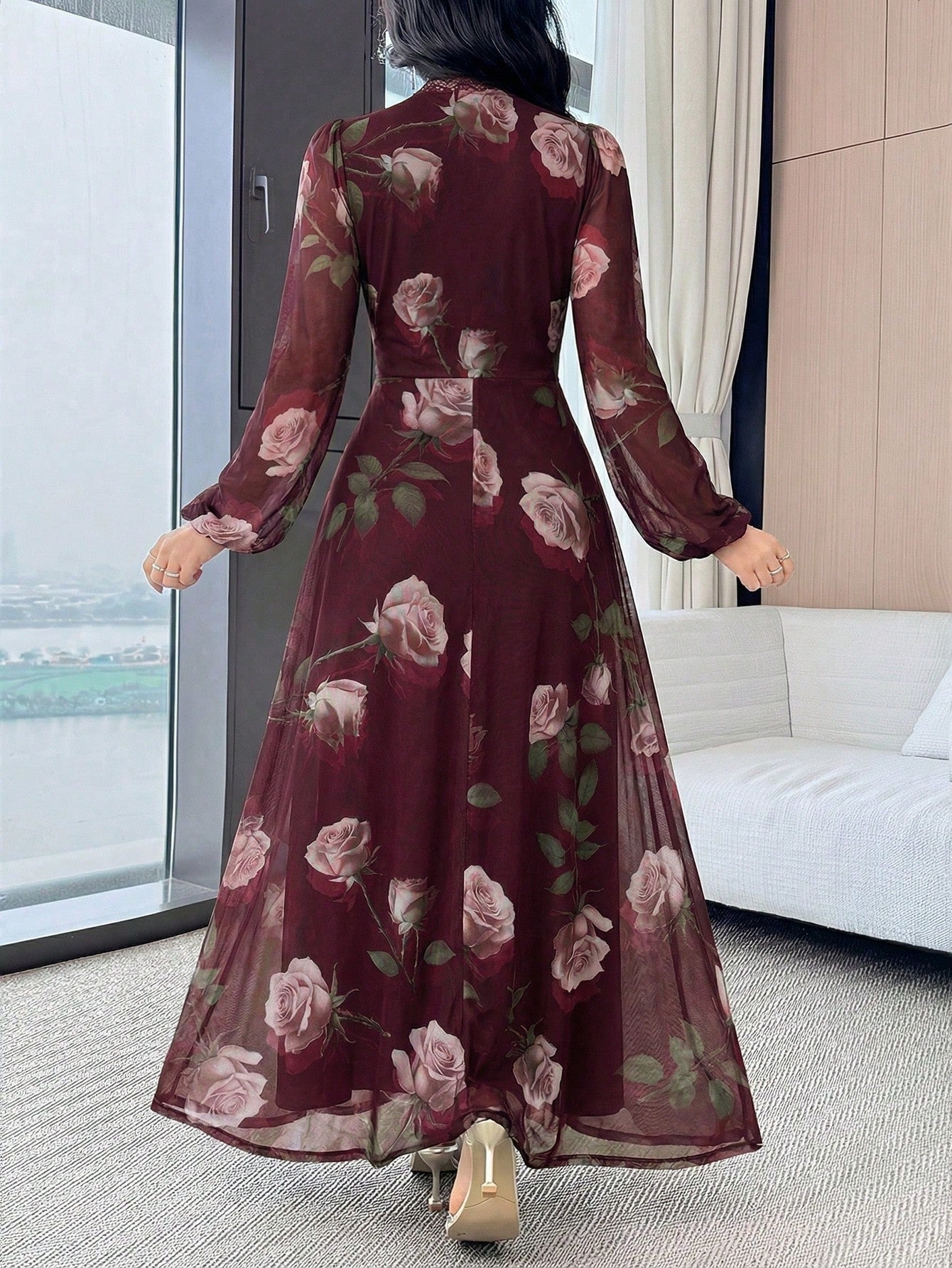 Modelyn Women's Floral Print Lace Trim Ruffle Elegant Waist Cinched Long Party Dress