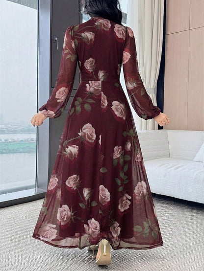 Modelyn Women's Floral Print Lace Trim Ruffle Elegant Waist Cinched Long Party Dress