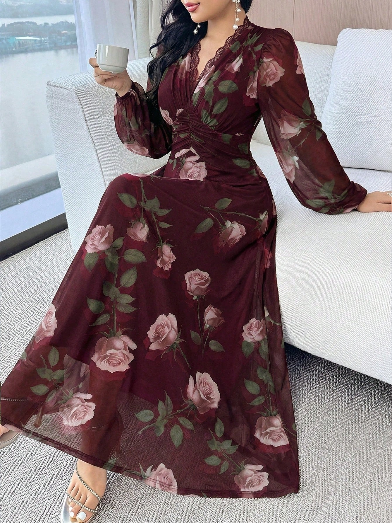 Modelyn Women's Floral Print Lace Trim Ruffle Elegant Waist Cinched Long Party Dress
