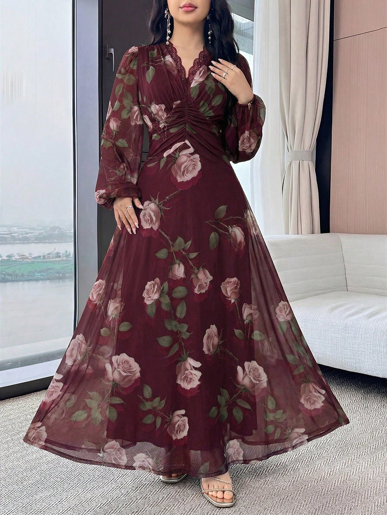Modelyn Women's Floral Print Lace Trim Ruffle Elegant Waist Cinched Long Party Dress