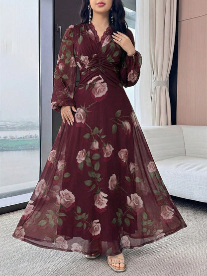 Modelyn Women's Floral Print Lace Trim Ruffle Elegant Waist Cinched Long Party Dress