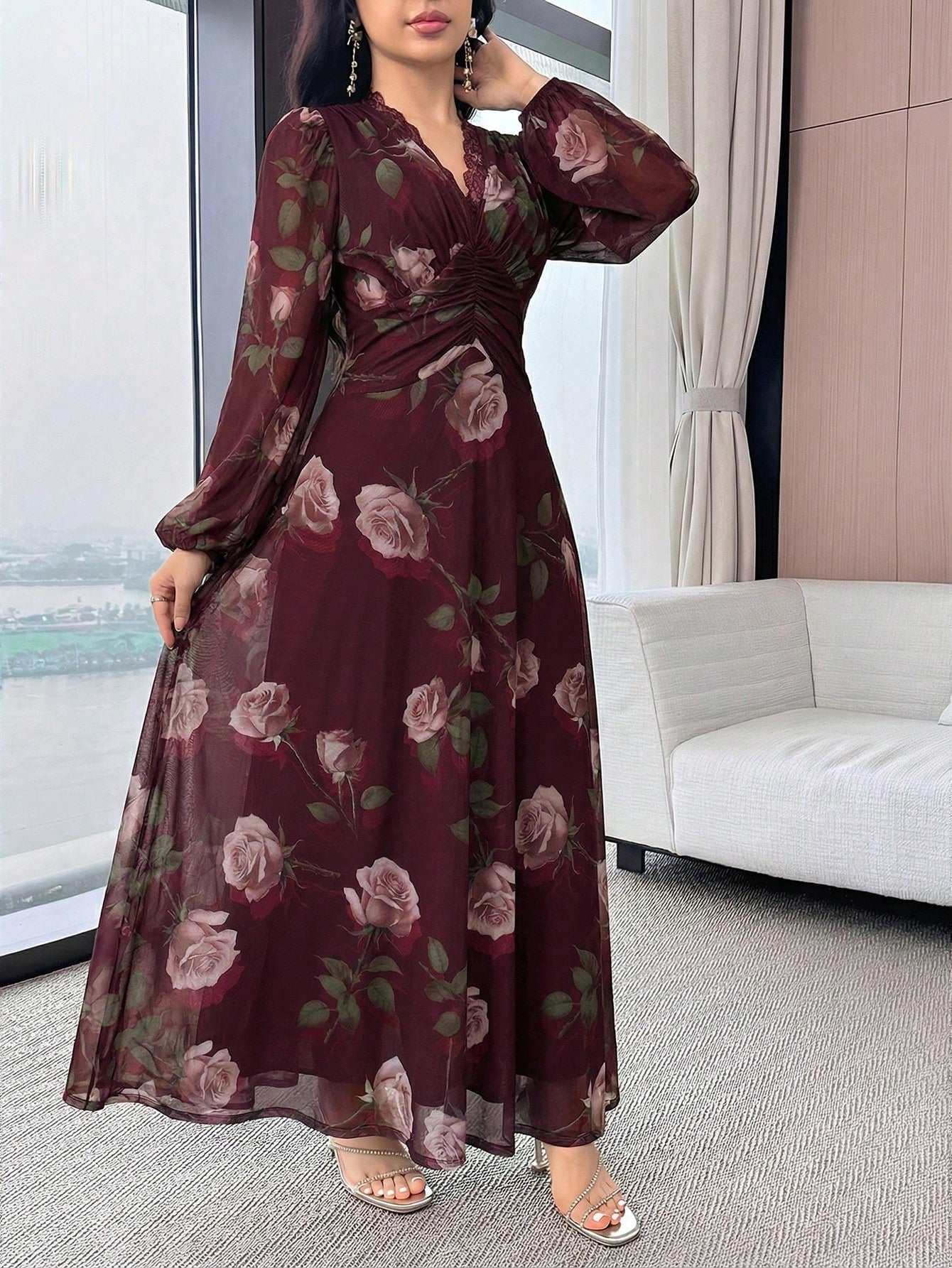 Modelyn Women's Floral Print Lace Trim Ruffle Elegant Waist Cinched Long Party Dress