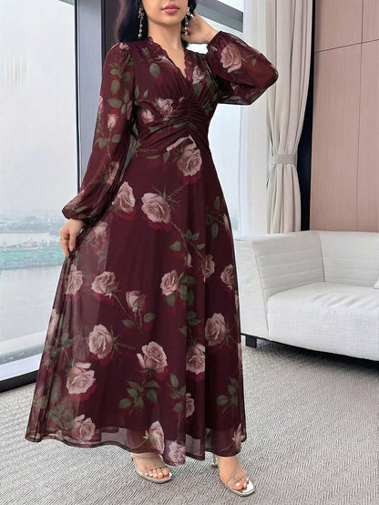 Modelyn Women's Floral Print Lace Trim Ruffle Elegant Waist Cinched Long Party Dress