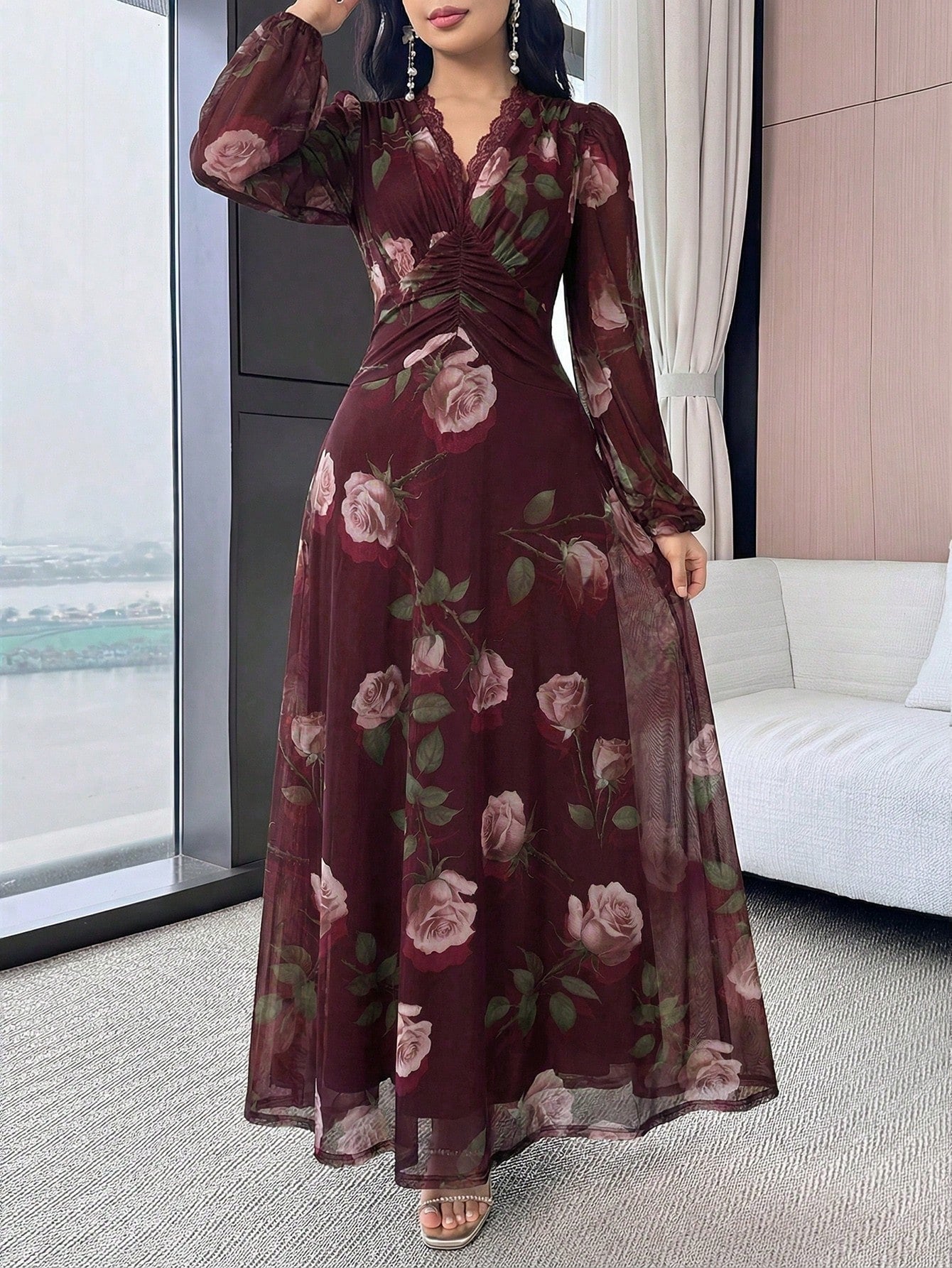 Modelyn Women's Floral Print Lace Trim Ruffle Elegant Waist Cinched Long Party Dress