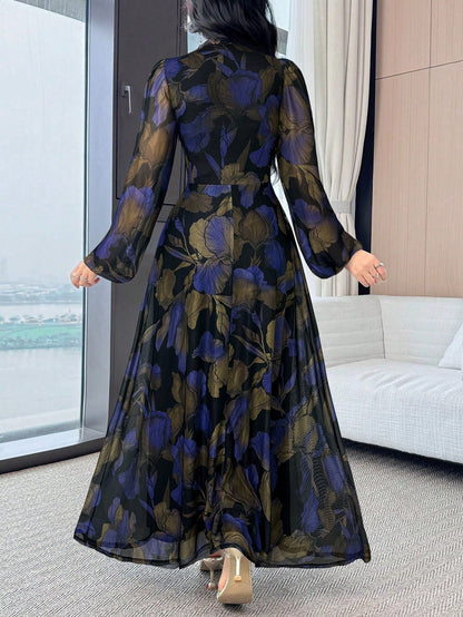 Modelyn Women's Floral Print Lace Trim Ruffle Elegant Waist Cinched Long Party Dress