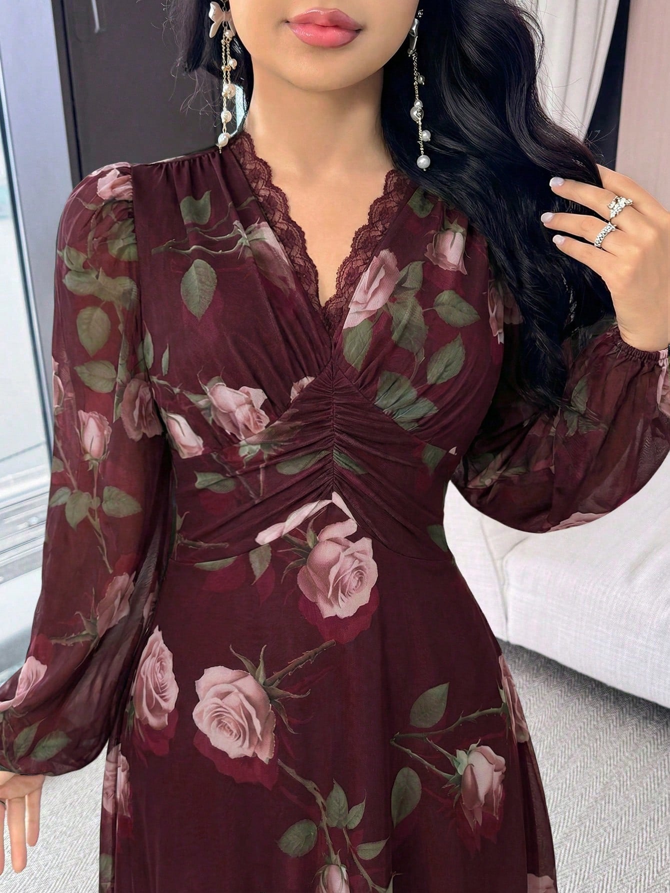 Modelyn Women's Floral Print Lace Trim Ruffle Elegant Waist Cinched Long Party Dress