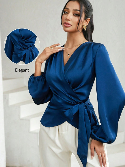 Modelyn Women's Solid Color Lantern Sleeve Wrap Tie Elegant Blouse Dark Blue Top Navy Blue Silk Teachers' Day Office Autumn