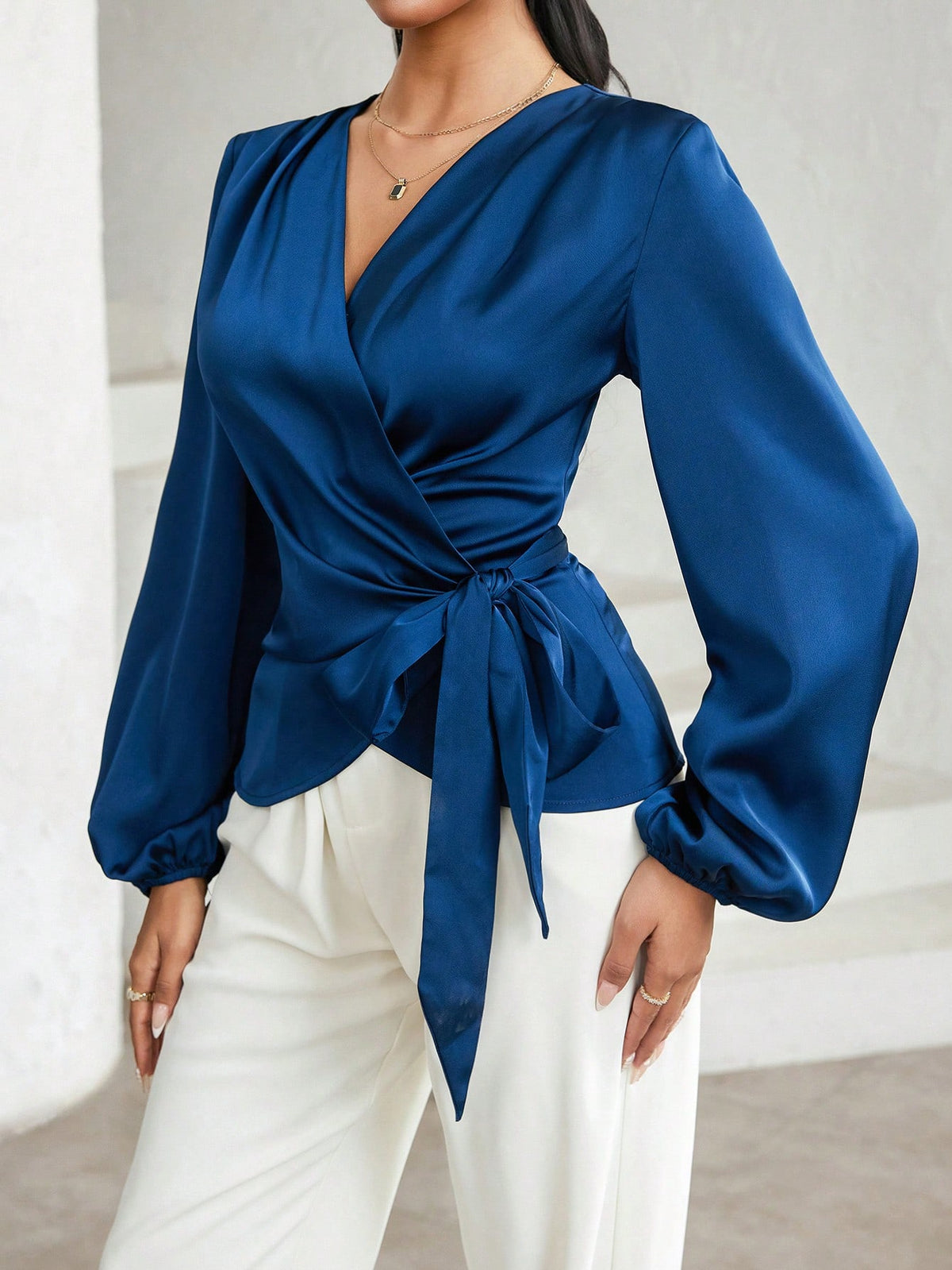 Modelyn Women's Solid Color Lantern Sleeve Wrap Tie Elegant Blouse Dark Blue Top Navy Blue Silk Teachers' Day Office Autumn