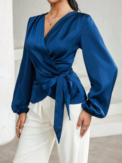 Modelyn Women's Solid Color Lantern Sleeve Wrap Tie Elegant Blouse Dark Blue Top Navy Blue Silk Teachers' Day Office Autumn