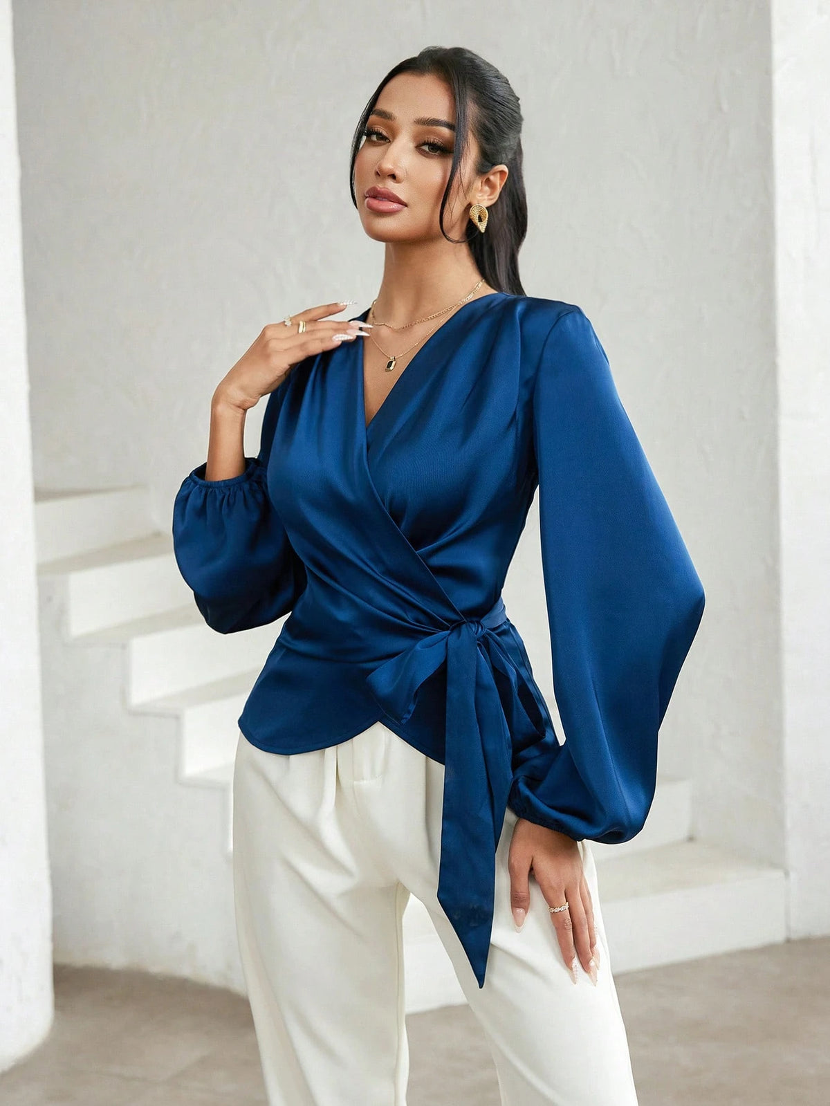 Modelyn Women's Solid Color Lantern Sleeve Wrap Tie Elegant Blouse Dark Blue Top Navy Blue Silk Teachers' Day Office Autumn