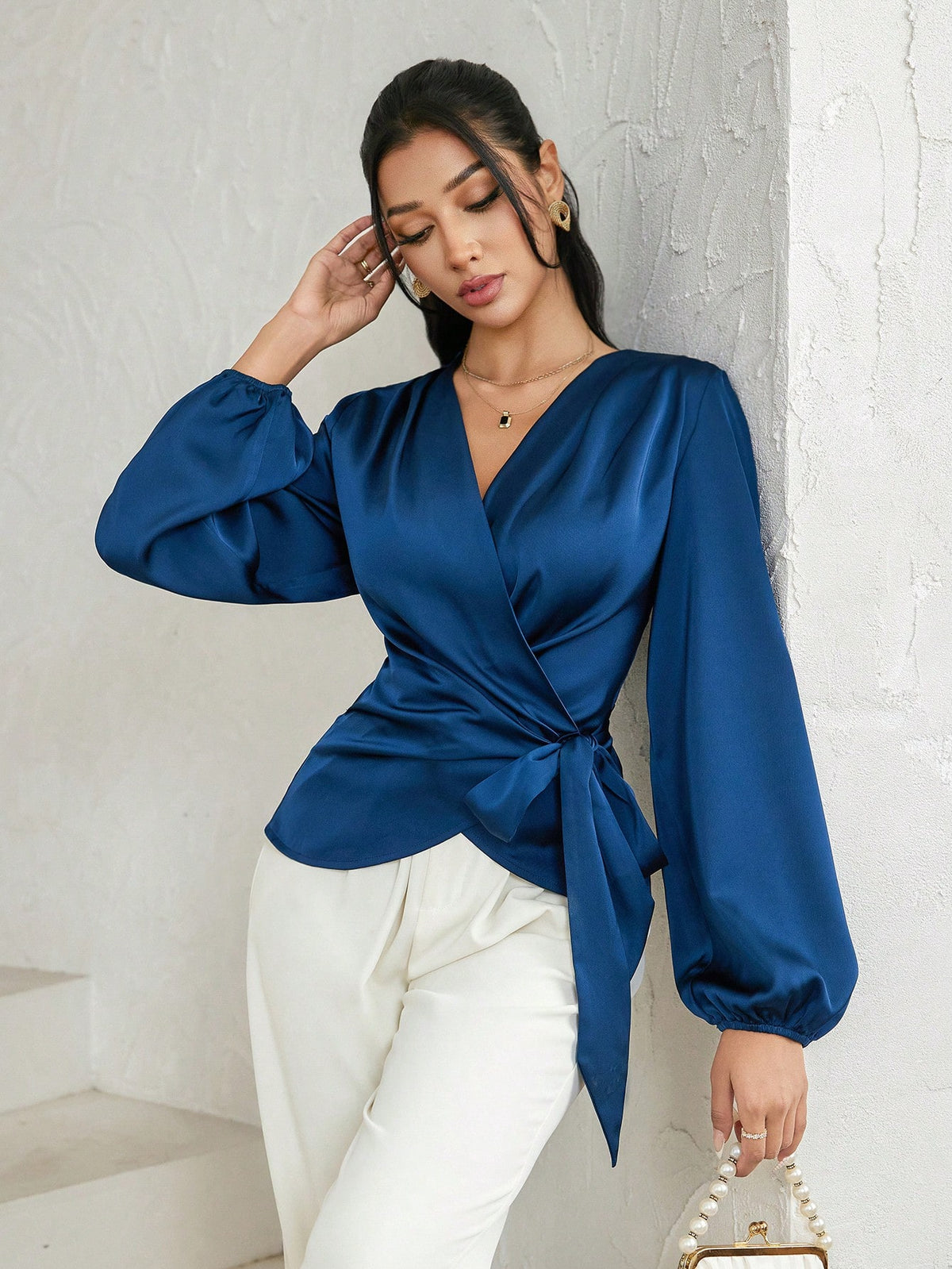 Modelyn Women's Solid Color Lantern Sleeve Wrap Tie Elegant Blouse Dark Blue Top Navy Blue Silk Teachers' Day Office Autumn