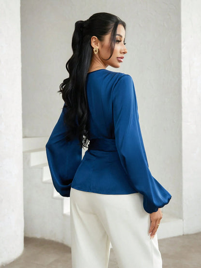 Modelyn Women's Solid Color Lantern Sleeve Wrap Tie Elegant Blouse Dark Blue Top Navy Blue Silk Teachers' Day Office Autumn