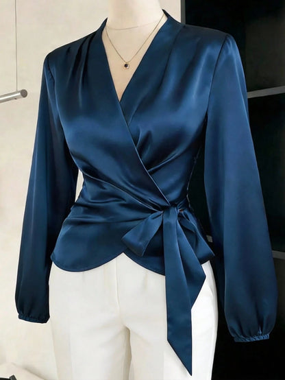 Modelyn Women's Solid Color Lantern Sleeve Wrap Tie Elegant Blouse Dark Blue Top Navy Blue Silk Teachers' Day Office Autumn