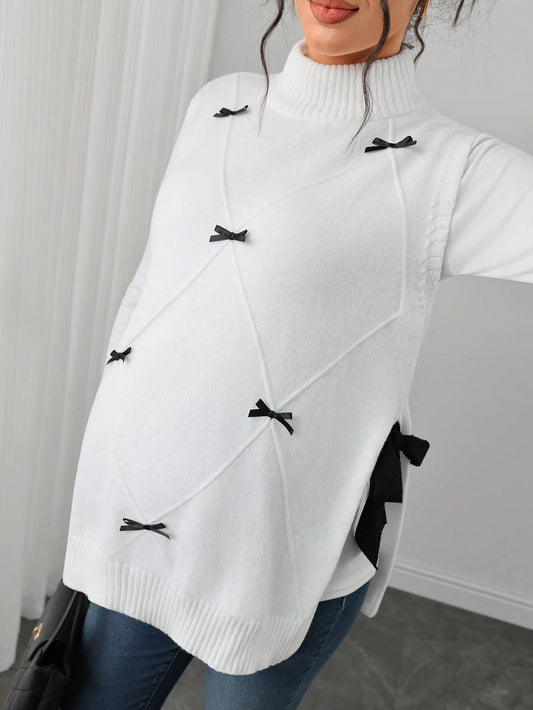Momance Maternity Sweater Vest, Loose Fit, Small High Neck With Bow Tie Accessory, Side Slit Hem Design, Casual Everyday Wear, Round Neck Pullover Knit Vest