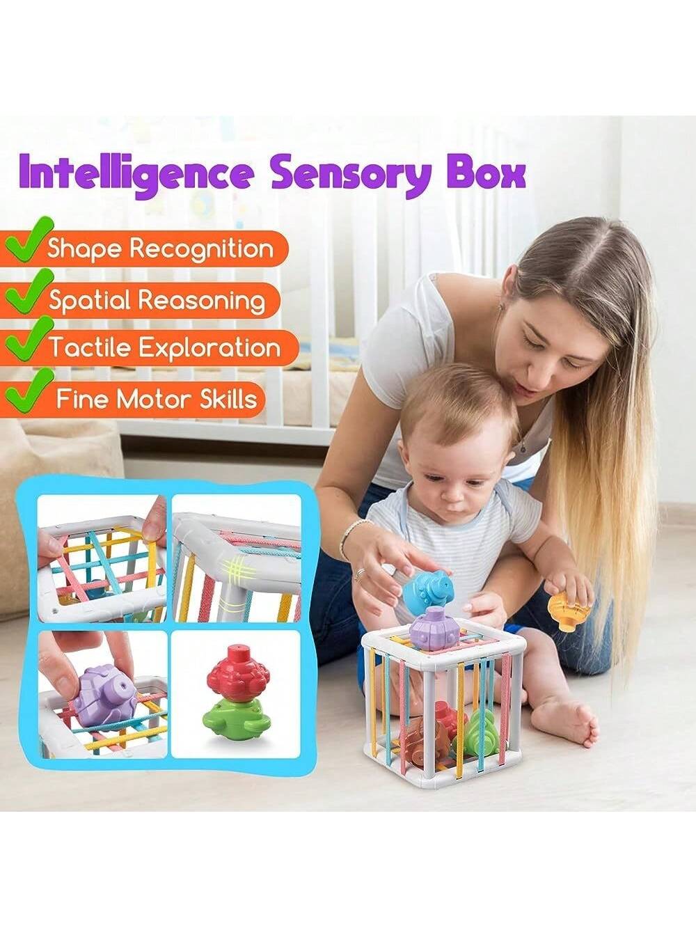 Montessori Infant Sensory Shape Sorting Toy, Colorful Cubes And 6 Multi-Sensory Shapes- Early Education Baby Shape & Color Recognition Grasping Balls, Learning Fine Motor Skills Toys, Toddler