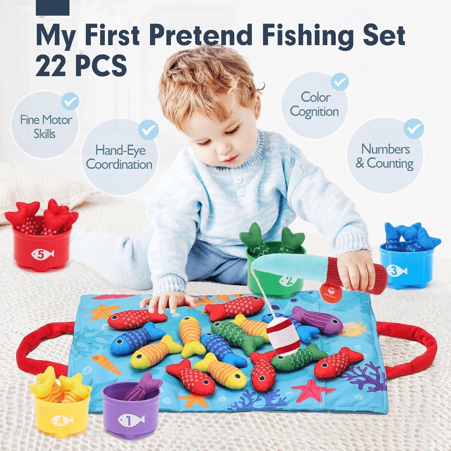 Montessori Toys 10 In 1 Fabric Fishing Game Set Designed For 1 Year Old Toddlers, Includes Stacking Cups, Baby Toys, Suitable For 12-18 Months Old, Birthday Gift, Preschool Toys, Suitable For 1-2 Year