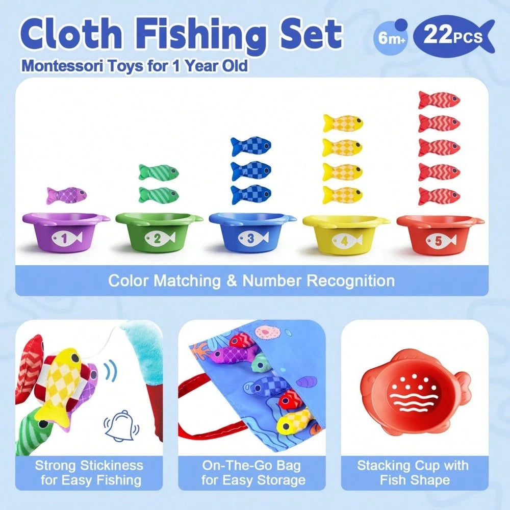 Montessori Toys 10 In 1 Fabric Fishing Game Set Designed For 1 Year Old Toddlers, Includes Stacking Cups, Baby Toys, Suitable For 12-18 Months Old, Birthday Gift, Preschool Toys, Suitable For 1-2 Year