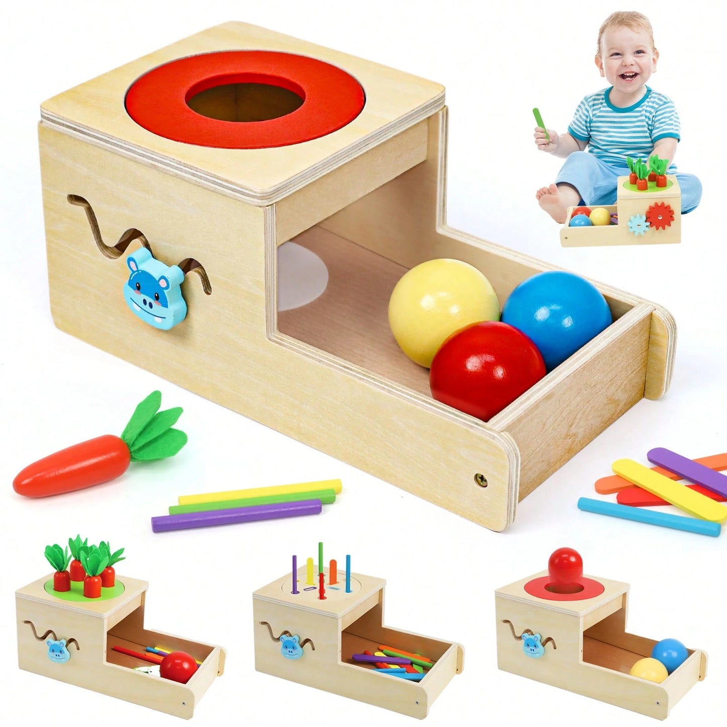Montessori Toys For 1 Year Old, 6 In 1 Wooden Toys For Baby Boy Girl, Object Permanence Box, Color&Shape Sorting Learning Matching Game/Carrot Harvest