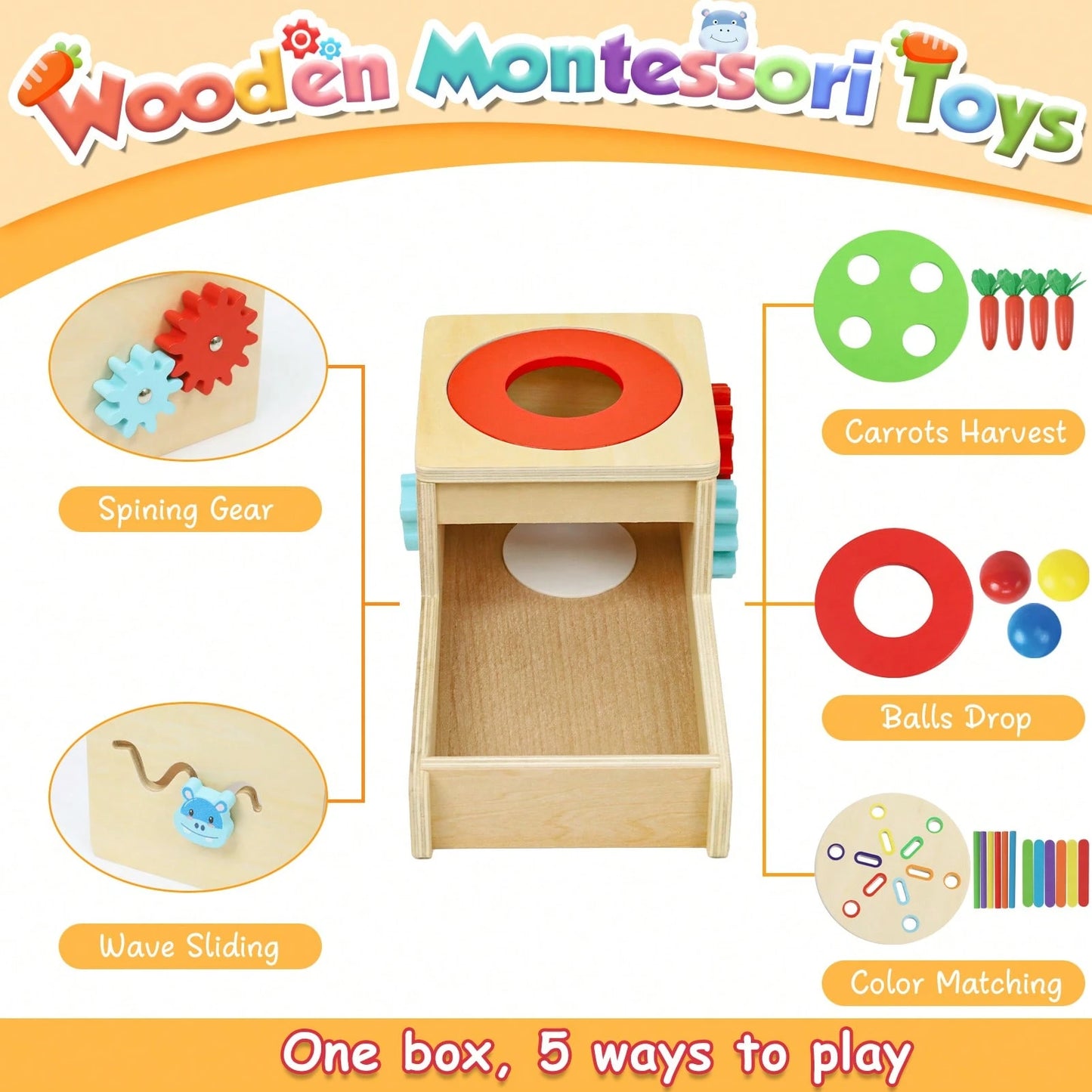 Montessori Toys For 1 Year Old, 6 In 1 Wooden Toys For Baby Boy Girl, Object Permanence Box, Color&Shape Sorting Learning Matching Game/Carrot Harvest