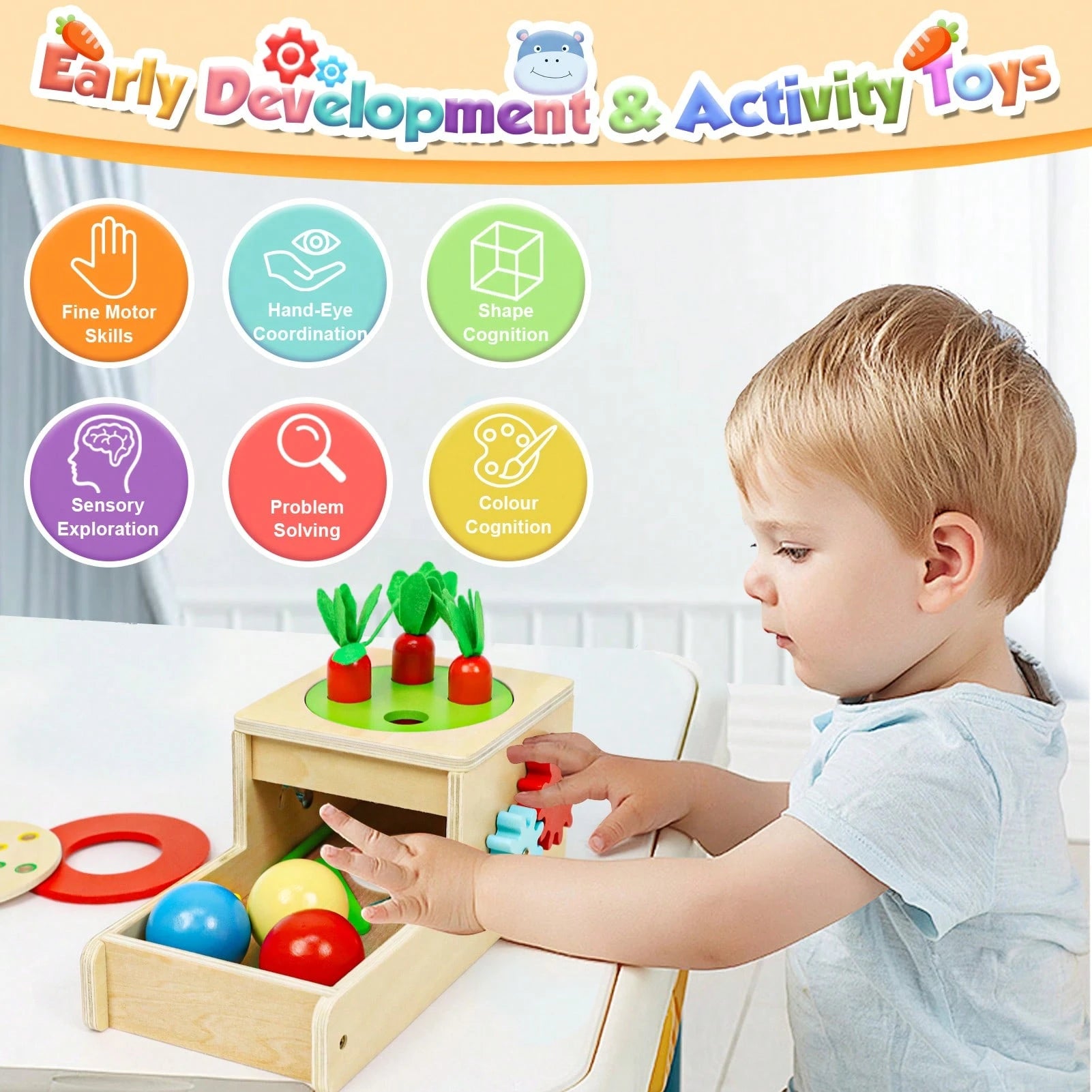 Montessori Toys For 1 Year Old, 6 In 1 Wooden Toys For Baby Boy Girl, Object Permanence Box, Color&Shape Sorting Learning Matching Game/Carrot Harvest