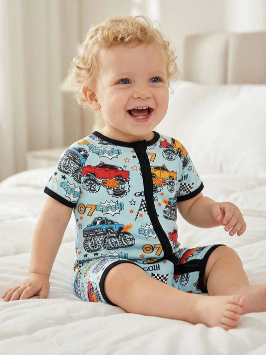 MOSSRIVER Boys Zip Romper, Monster Truck Print. Breathable Cotton Short Sleeve Outfit, Ideal Baby Boy Gift For Summer.