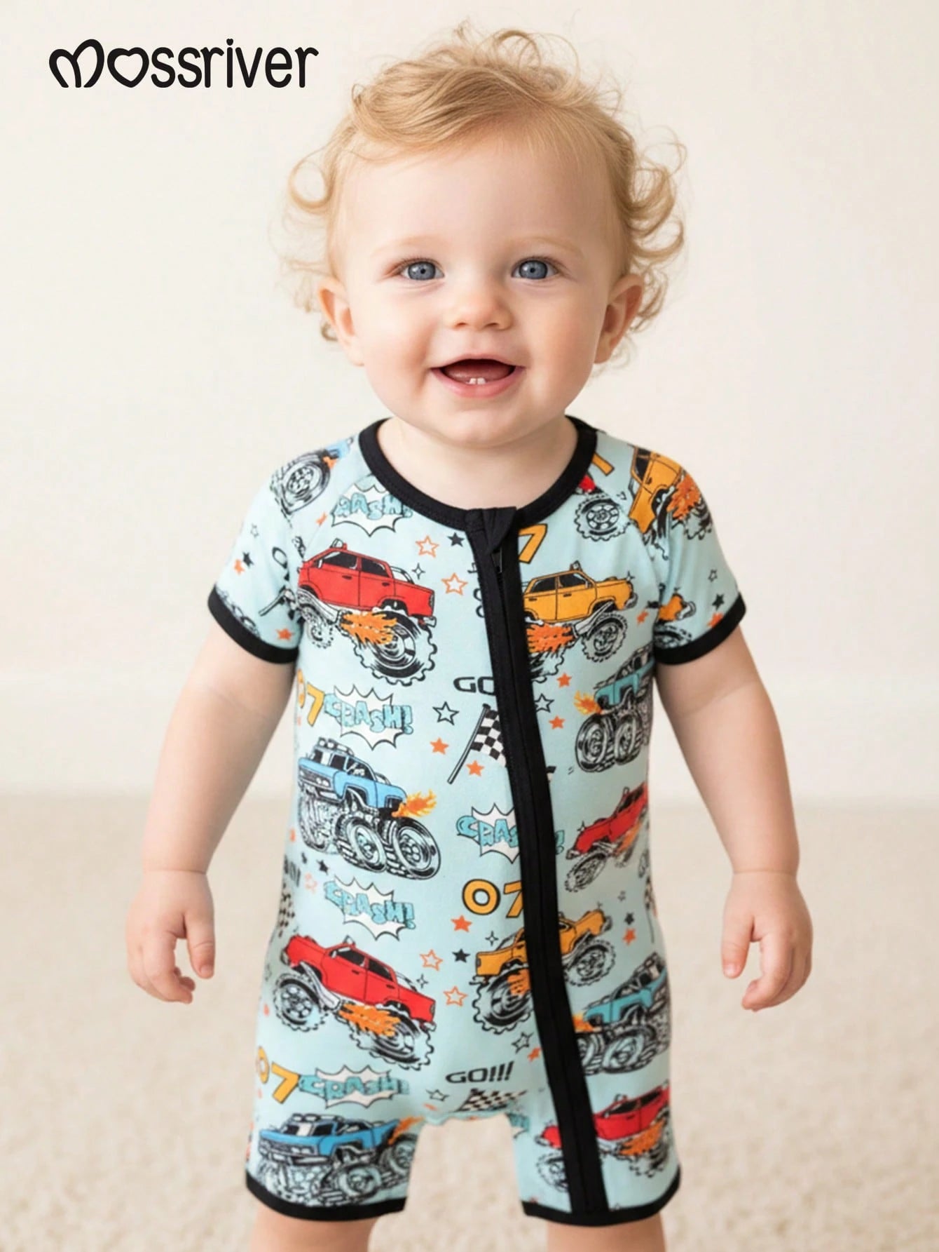 MOSSRIVER Boys Zip Romper, Monster Truck Print. Breathable Cotton Short Sleeve Outfit, Ideal Baby Boy Gift For Summer.