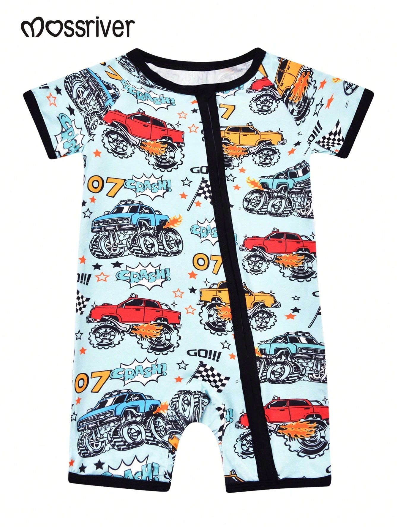 MOSSRIVER Boys Zip Romper, Monster Truck Print. Breathable Cotton Short Sleeve Outfit, Ideal Baby Boy Gift For Summer.