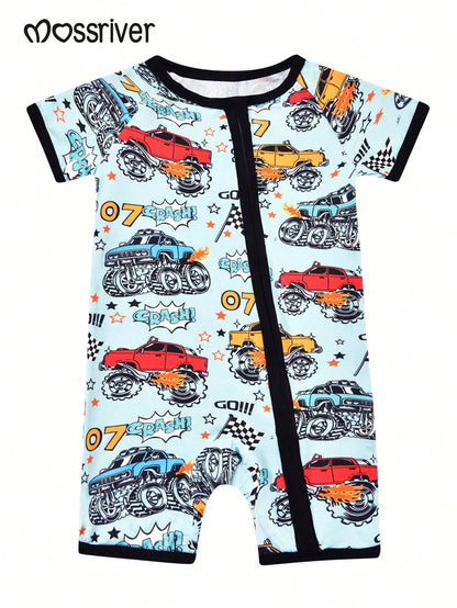 MOSSRIVER Boys Zip Romper, Monster Truck Print. Breathable Cotton Short Sleeve Outfit, Ideal Baby Boy Gift For Summer.