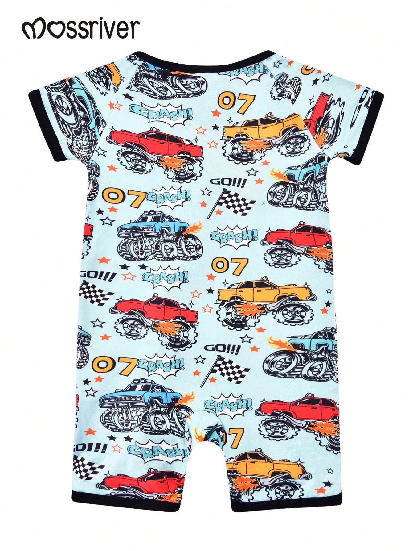 MOSSRIVER Boys Zip Romper, Monster Truck Print. Breathable Cotton Short Sleeve Outfit, Ideal Baby Boy Gift For Summer.