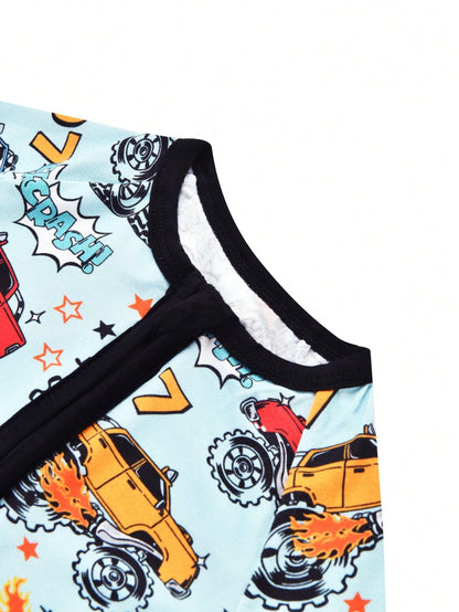 MOSSRIVER Boys Zip Romper, Monster Truck Print. Breathable Cotton Short Sleeve Outfit, Ideal Baby Boy Gift For Summer.