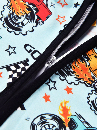 MOSSRIVER Boys Zip Romper, Monster Truck Print. Breathable Cotton Short Sleeve Outfit, Ideal Baby Boy Gift For Summer.